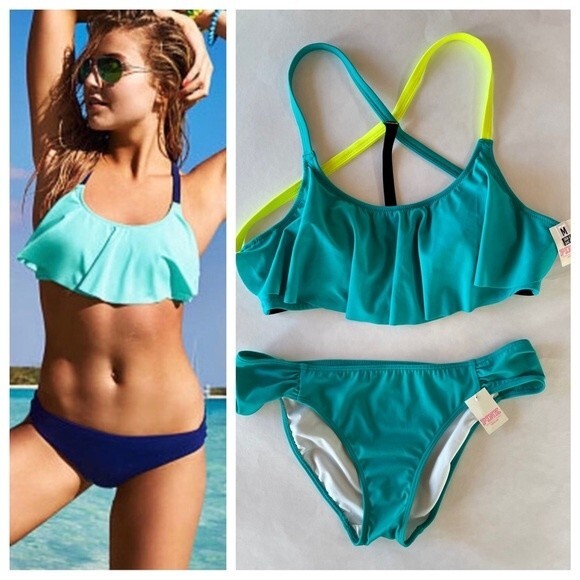 NWT Victoria’s Secret PINK Flounce Strappy Bikini in Teal/Blue/Neon - Size M/S - Picture 1 of 12